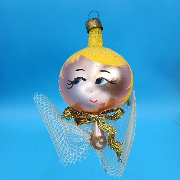 Vintage Pink Glass Angel Ornament Japan 1960s Yellow Glitter Hair Gold Bow v1 - Picture 7 of 10